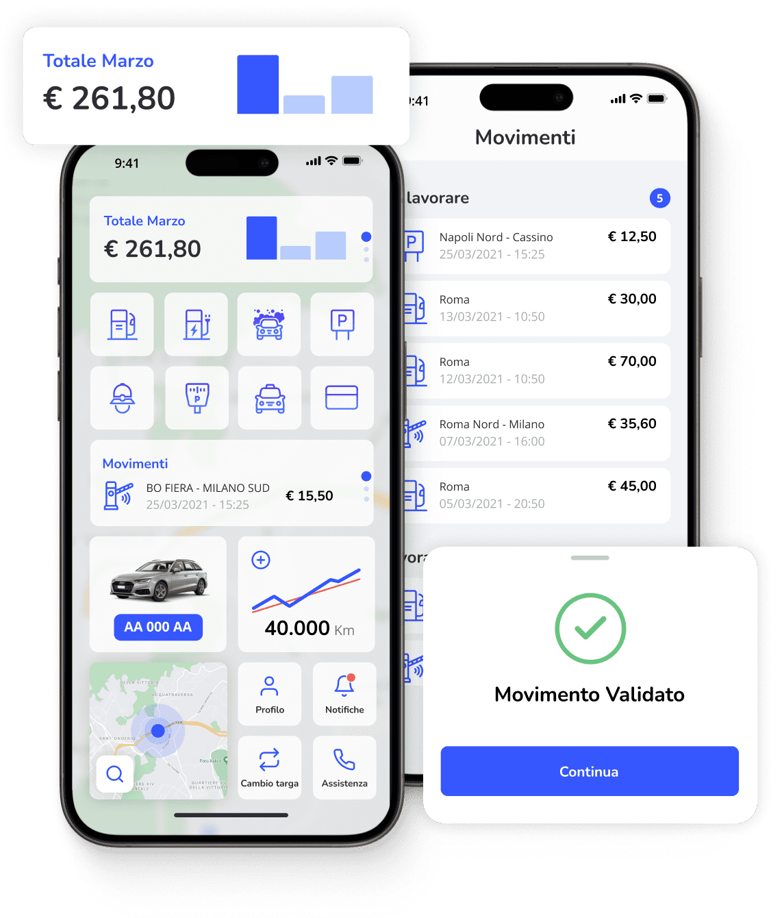 Screenshot app di mobilità che permette di monitorare le spese di un veicolo aziendale, visualizzando un riepilogo mensile e i dettagli dei singoli movimenti