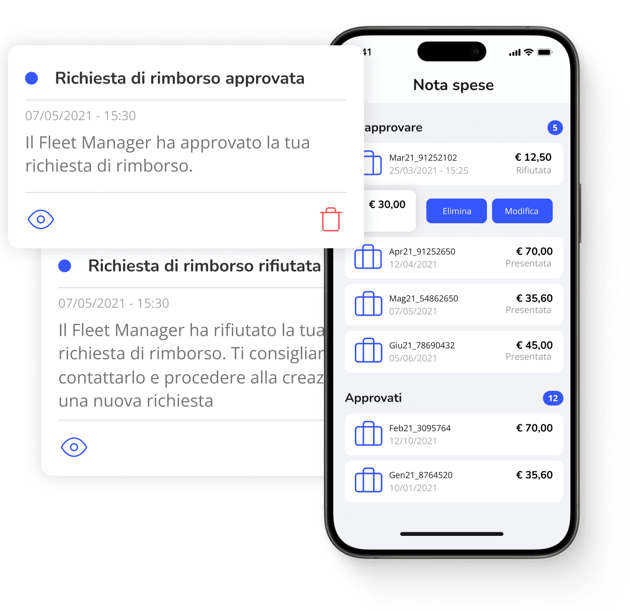 Interfaccia utente dell'app di mobilità  che permette di visualizzare e gestire le richieste di rimborso, con filtri per data e stato