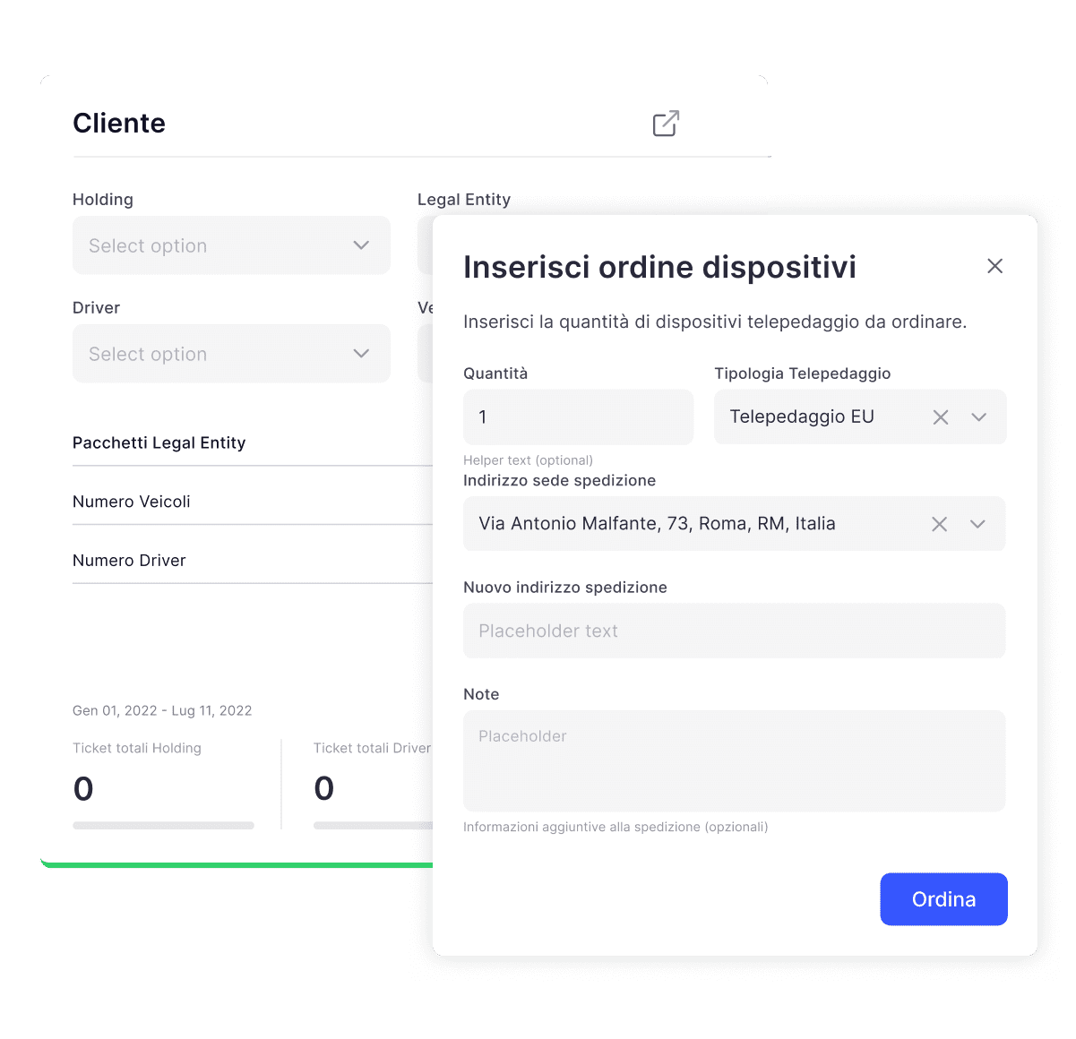 Form per effettuare l'ordine e la configurazione di nuovi dispositivi di telepedaggio. Sono richiesti dati come holding, legal entity, driver, quantità e tipologia di dispositivi, oltre all'indirizzo di spedizione