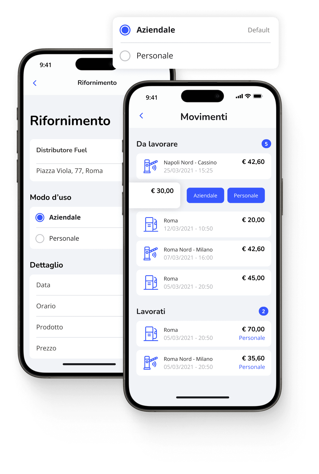 Screenshot app di mobilità che permette di registrare e tenere traccia dei rifornimenti di carburante, distinguendo tra spese aziendali e personali