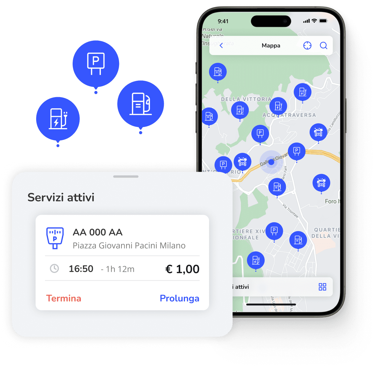 Screenshot app di mobilità  che permette agli utenti di localizzare e prenotare parcheggi, stazioni di servizio e stazioni di ricarica per veicoli elettrici. L'interfaccia utente mostra una mappa interattiva e un riepilogo delle prenotazioni attive