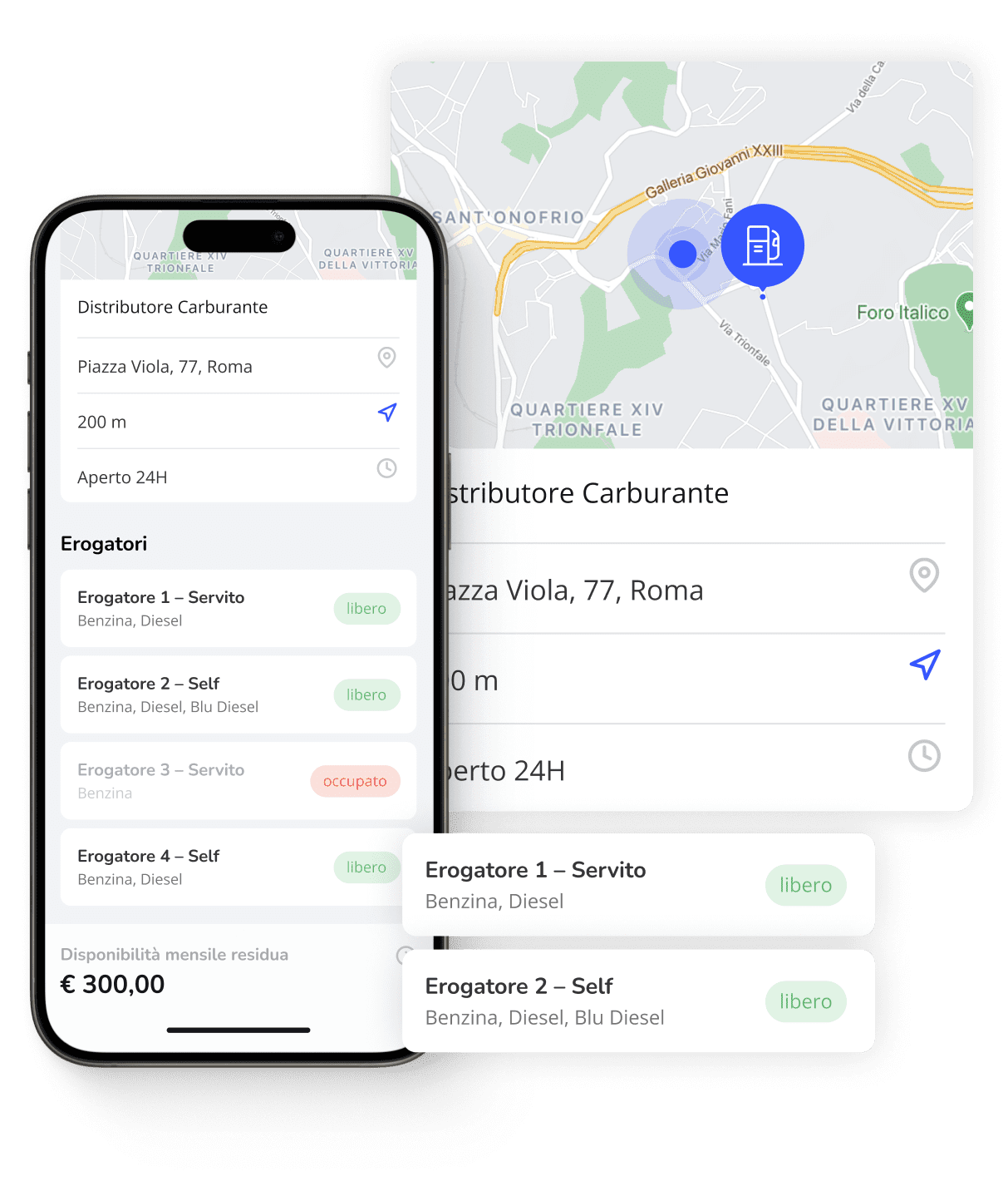Screenshot app di mobilità che permette di visualizzare la disponibilità degli erogatori in tempo reale e di ottenere informazioni sulla posizione del distributore