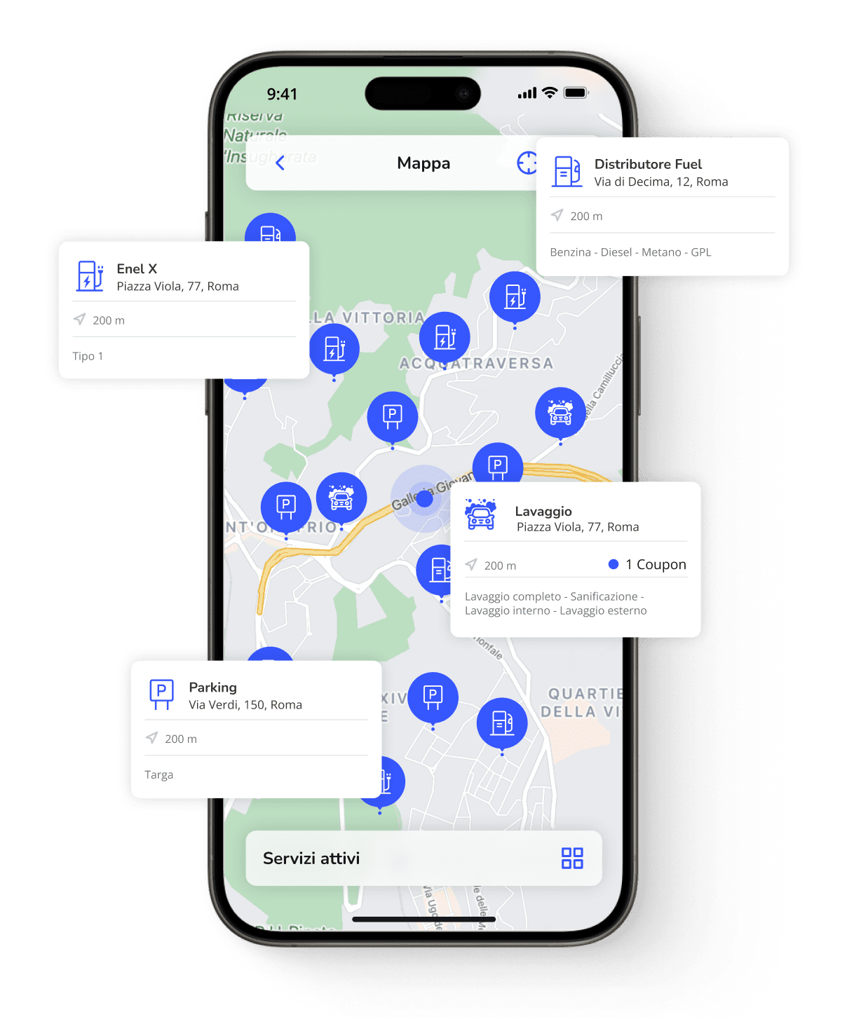 Screenshot app di mobilità che mostra i servizi per veicoli nelle vicinanze