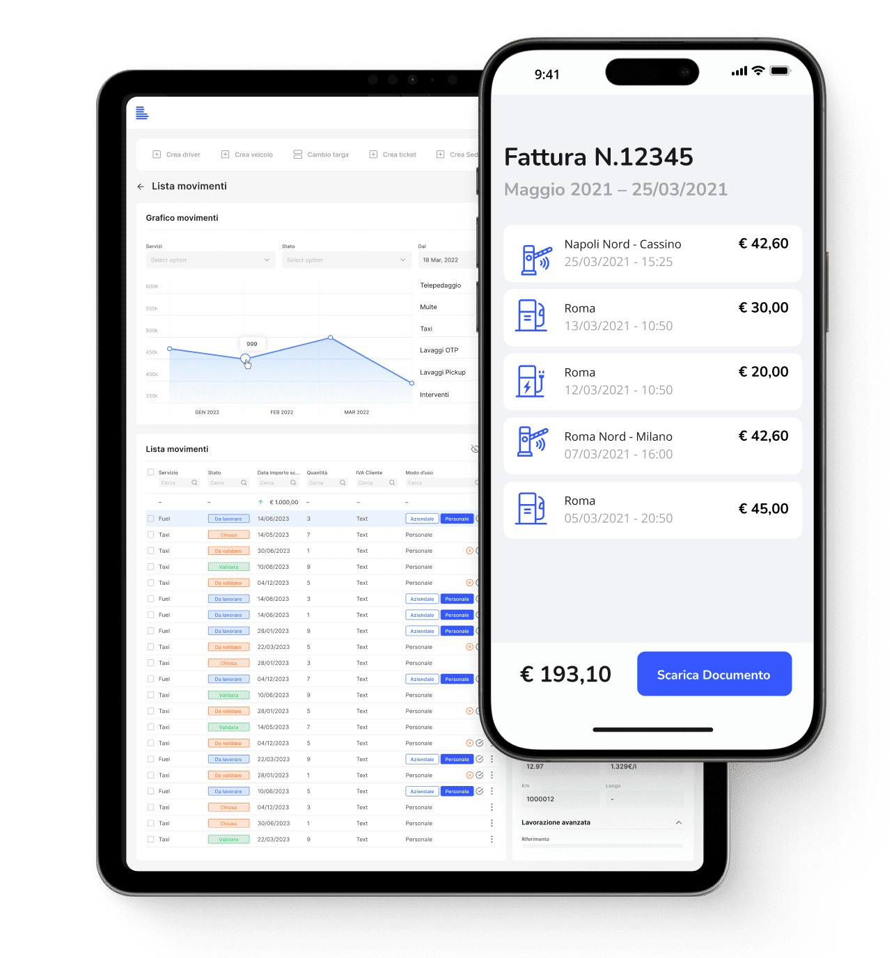 Interfaccia utente di un sistema di gestione delle spese delle flotte aziendali che permette di monitorare i costi, generare report e gestire le fatture relative ai veicoli